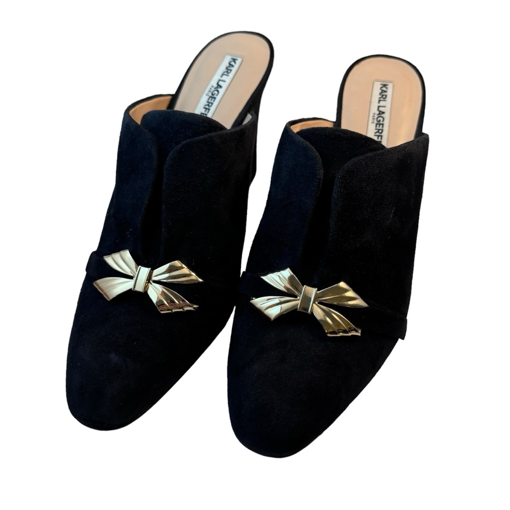 Karl Lagerfeld Norah Block-Heel Suede Bow Mules Black Size 11